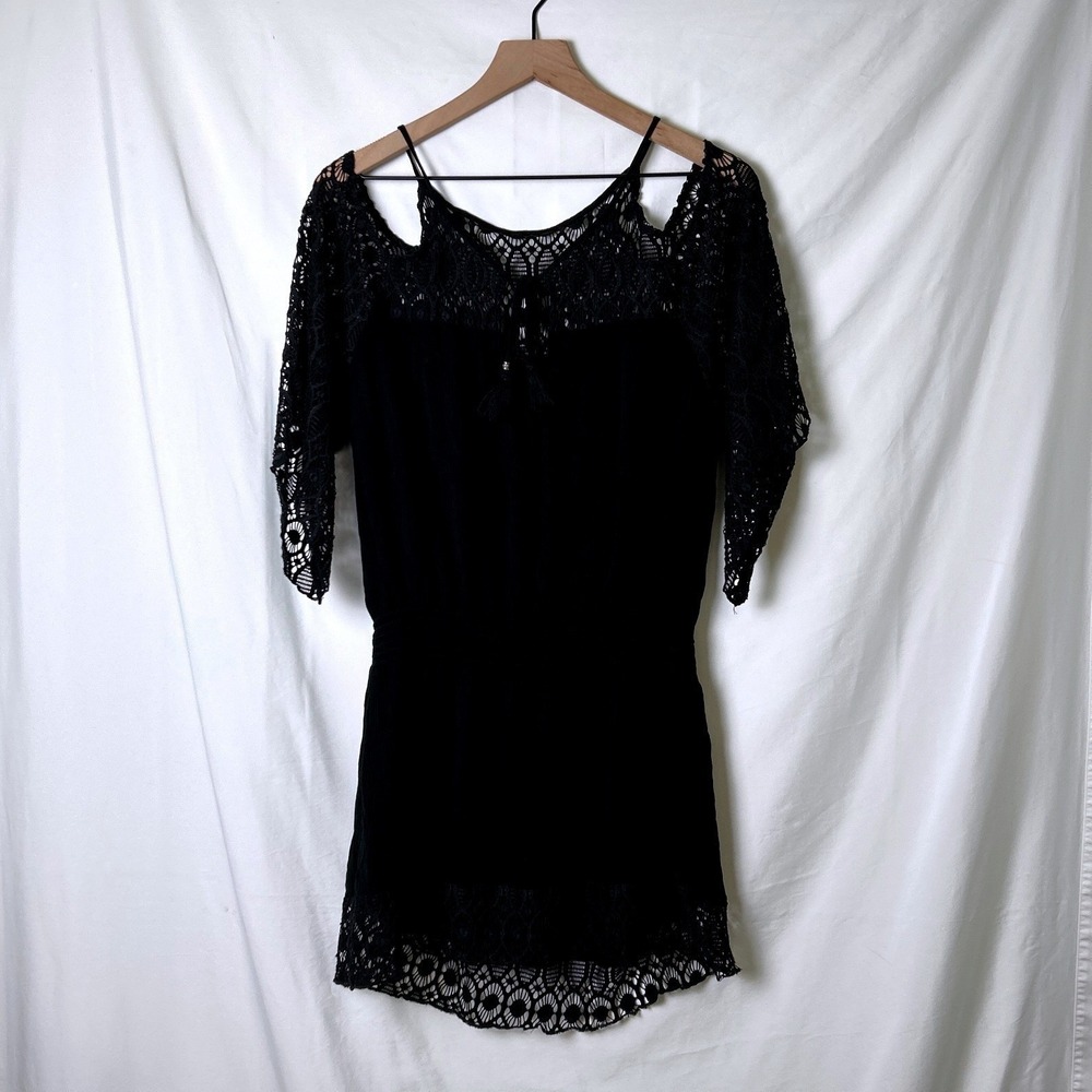 BECA Women Swim Coverup Black Size L Crochet Lace Cold Shoulder Boho Tassel